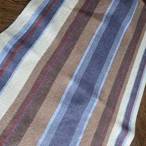 May include: A striped textile with a pattern of alternating bands. The design incorporates stripes of light blue, brown, and off-white, with thin red accent stripes. The fabric has a woven appearance and a slightly textured surface.
