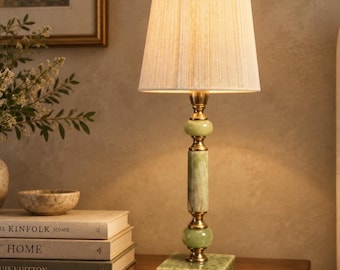 Vintage Swedish Table Lamp,  Pakistani Onyx Lamp with Shade, Scandinavian Mid Century Decor, Green Onyx Stone, Brass Accent Lighting