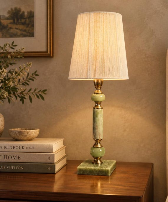 Vintage Swedish Table Lamp, Pakistani Onyx Lamp with Shade, Scandinavian Mid Century Decor, Green Onyx Stone, Brass Accent Lighting