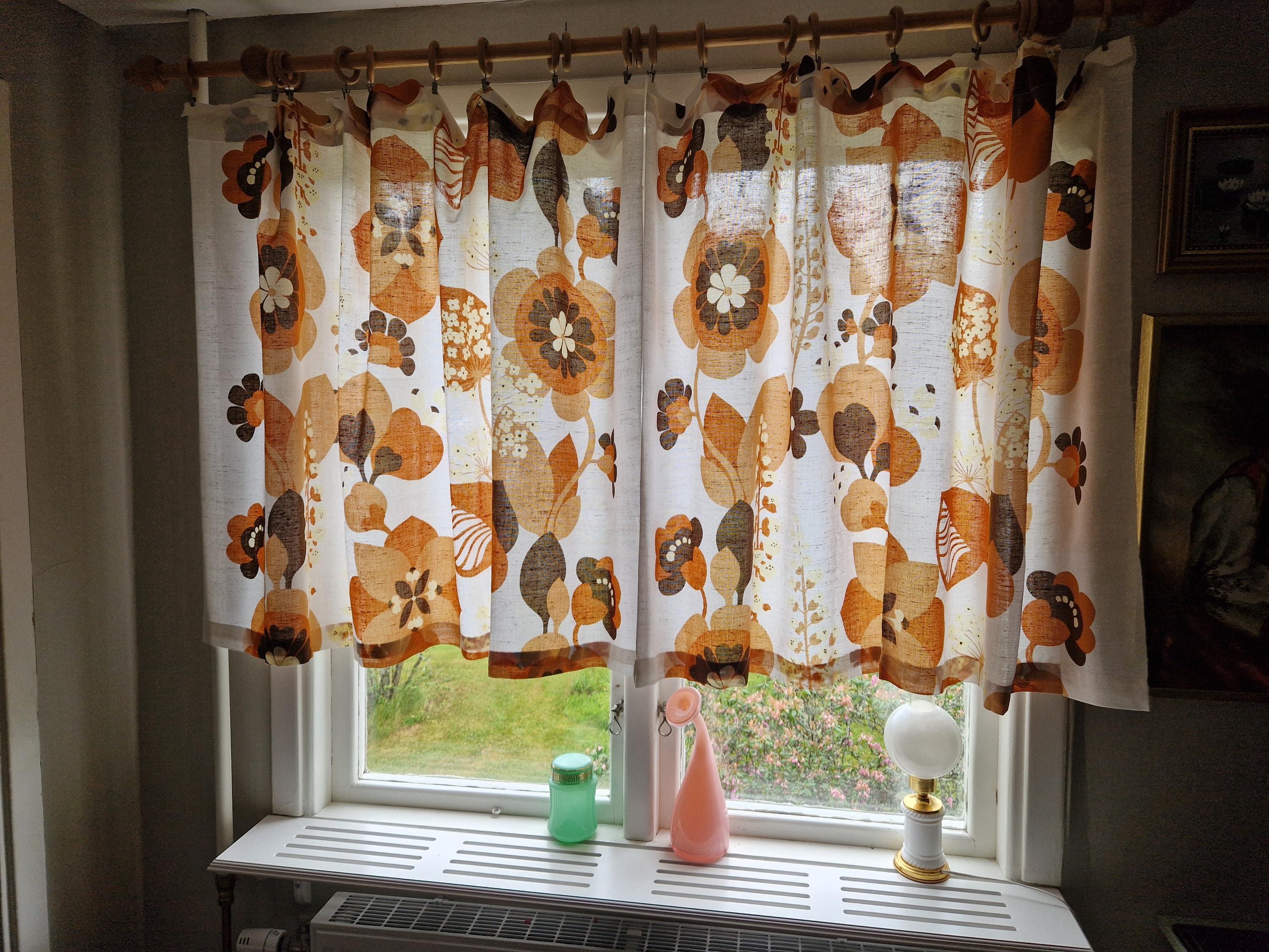 Vintage 1970s Swedish Floral Curtains – Retro Botanical Linen Cotton Blend Window Drapes, Mid-Century Scandinavian Home Decor