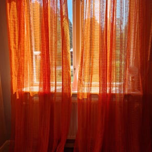 Vintage Orange Sheer Curtains | Mid-Century Swedish Retro Drapes | 60s 70s Scandinavian Textile | Boho Home Decor. Free Shipping!