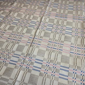 Vintage svensk vävd linneduk – Rutigt mönster – Beige, blå, rosa - Fri frakt