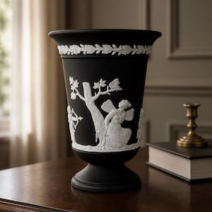 May include: Black vase with white relief detailing. The vase features a classical design with figures, trees, and a decorative border. The vase is approximately 30 cm tall.
