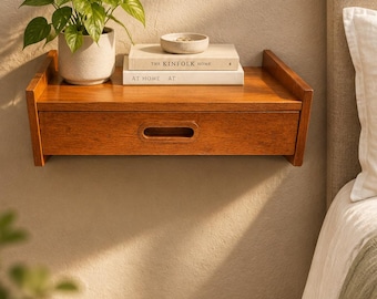Mesita de noche de teca vintage, montada en la pared, estilo escandinavo moderno de mediados de siglo (años 50 y 60).
