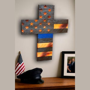 Thin Blue Line American Flag Cross: Reclaimed Cedar Police Support Wall Art