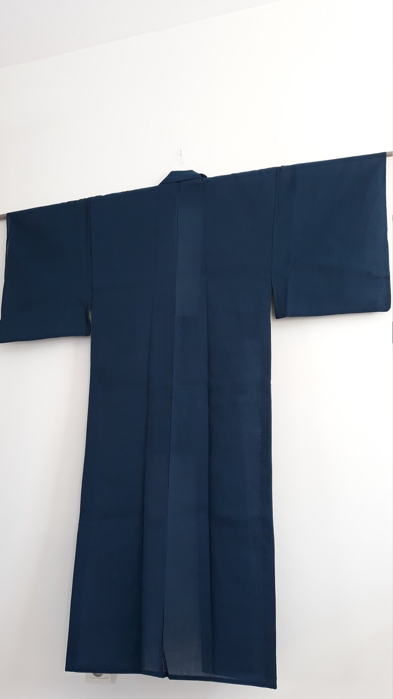 Vintage Kimono Marine Blue Linen Japanese Yukata Antique Secondhand Bathrobe