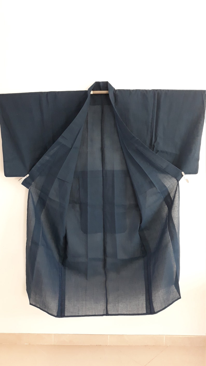 Vintage Kimono Marine Blue Linen Japanese Yukata Antique Secondhand Bathrobe