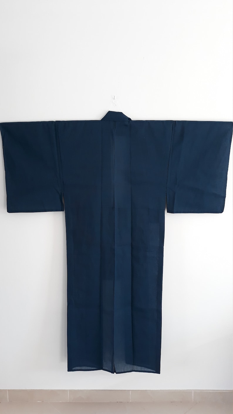 Vintage Kimono Marine Blue Linen Japanese Yukata Antique Secondhand Bathrobe