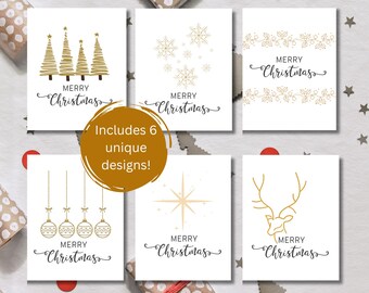 Può includere: Sei etichette regalo stampabili con disegni dorati e il testo "Buon Natale". I disegni includono una fila di alberi di Natale, fiocchi di neve, un bordo di agrifoglio, una fila di palline, una stella e una renna.