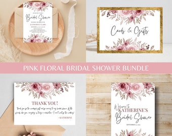 Pink Floral Bridal Shower Bundle Fully Editable Customizable Bridal Shower Templates Instant Download Easy To Use