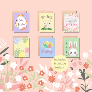 May include: A collection of six Easter greeting cards with unique designs. The cards feature pastel colors, floral accents, and Easter-themed text such as "Easter Wishes," "Hoppy Easter," and "Easter Blessings." Each card has a brown kraft paper backing.