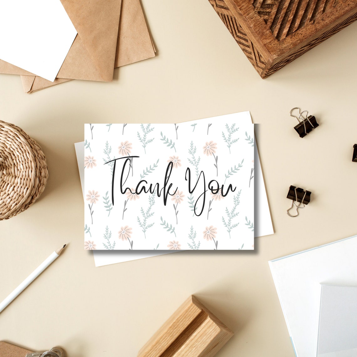 Simple Floral Themed Thank You Card A2 Pack of Six Comes With Envelopes ...