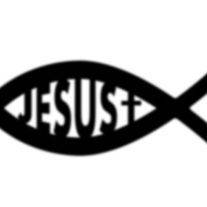 May include: A black and white silhouette of a fish with the word "JESUS" inside. The fish symbol is a Christian icon.