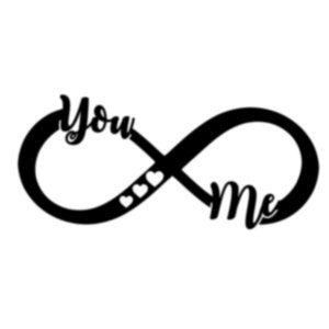 Puede incluir: Símbolo de infinito negro con las palabras "You" y "Me" a cada lado, conectados por tres pequeños corazones.