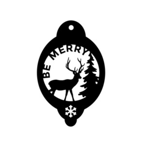 May include: Black Christmas decoration featuring a deer silhouette, a pine tree, and a snowflake. The words "BE MERRY" are arranged around the deer. The ornament has a hole at the top for hanging.