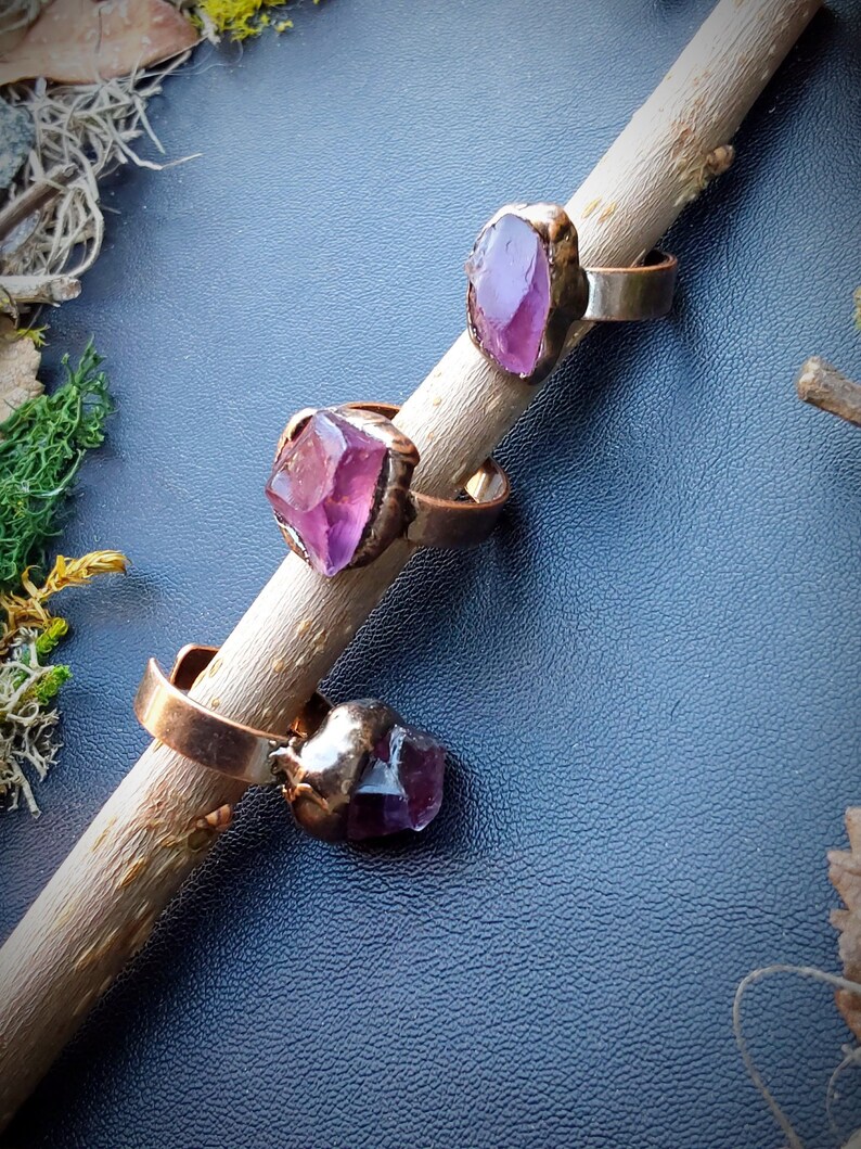 Raw Amethyst Handmade Copper Adjustable Ring Witchy & Rustic image 2