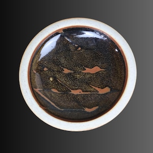May include: A round ceramic bowl featuring a glossy dark brown and black interior glaze with visible terracotta-coloured leaf-shaped patterns. The bowl has a thick, speckled off-white rim that contrasts with the dark centre, creating a distinct border.