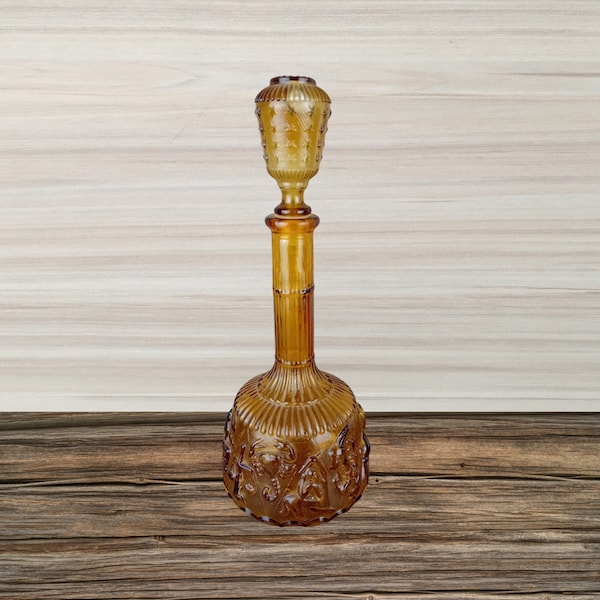 Empoli Amber Glass Genie Bottle with Zodiac Design Vintage Italian Glass