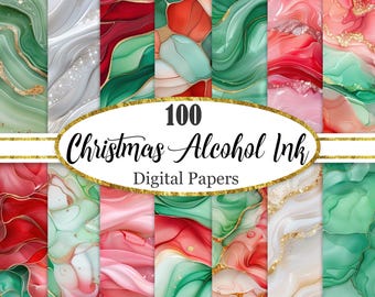 May include: A collection of 100 digital papers with a Christmas theme. The papers feature abstract designs in shades of red, green, white, and gold. The text "Christmas Alcohol Ink Digital Papers" is displayed in a gold oval.