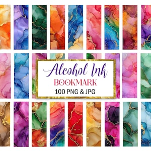 Könnte beinhalten: Set mit 18 digitalen Lesezeichen mit abstrakten Alkohol-Tinten-Designs in verschiedenen Farben mit goldenen Akzenten. Der Text "Alcohol Ink Bookmark 100 PNG & JPG" wird in einem goldenen Rahmen angezeigt.