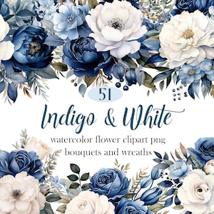 May include: A collection of 51 indigo and white watercolour flower clipart PNG images. The images include bouquets and wreaths.
