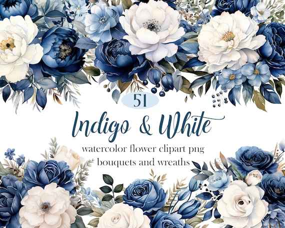 Indigo Blue White Flower PNG, Watercolor Blue Floral Clipart Bundle, Winter Flower, Wedding Bouquet, Wreath, Digital Download