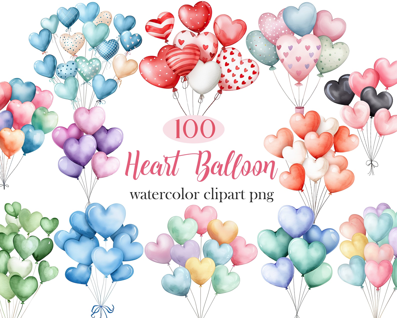 Heart Balloon PNG, Watercolor Valentine Balloon Clipart, Birthday Party ...