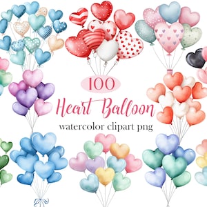 Balão de coração PNG, Clipart de balão de aquarela para o Dia dos Namorados, Decoração de festa de aniversário, Sublimação de balões, Clipart de chá de bebê, Download digital