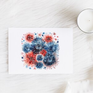 May include: A watercolor illustration of red, white, and blue fireworks exploding in the sky. The fireworks are painted in a realistic style, with details like sparks and smoke.