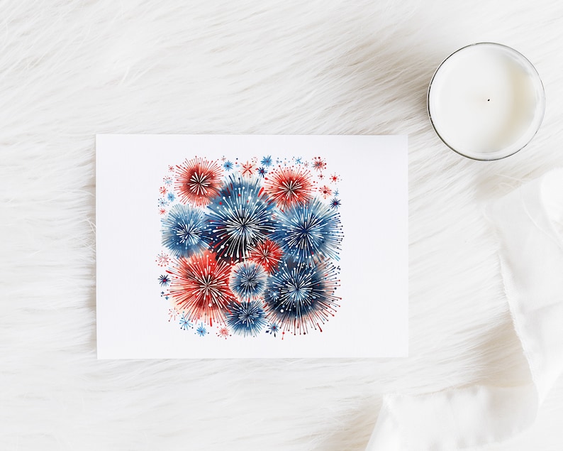 May include: A watercolor illustration of red, white, and blue fireworks exploding in the sky. The fireworks are painted in a realistic style, with details like sparks and smoke.
