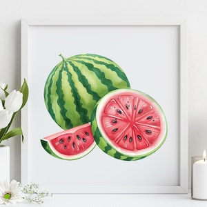 May include: Watercolor painting of a watermelon, framed in white. The image shows a whole watermelon, a half watermelon, and a slice. The watermelons are green with dark green stripes and red flesh with black seeds.