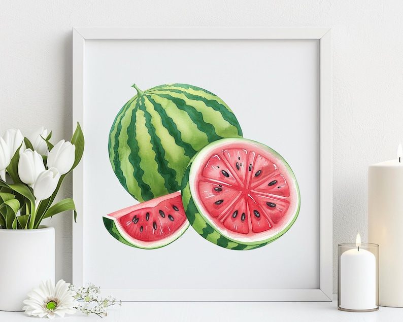 May include: Watercolor painting of a watermelon, framed in white. The image shows a whole watermelon, a half watermelon, and a slice. The watermelons are green with dark green stripes and red flesh with black seeds.
