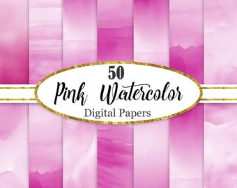 Può includere: Una collezione di 50 carte digitali acquerello rosa. Le carte presentano varie tonalità di rosa, con trame e sfumature. Il testo "50 Pink Watercolor Digital Papers" è visualizzato su un ovale bordato d'oro.