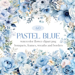 Blaue Blume PNG, Aquarell Blau Blumen Clipart Bundle, Hochzeitsstrauß Kranz, Blumen Sublimation, Pastell Blaue Rose PNG, Winterblume