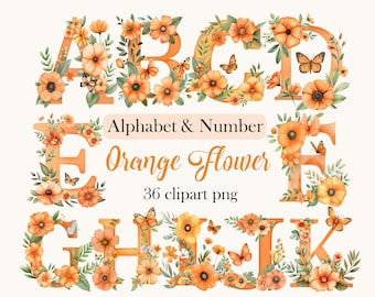 Pomarańczowy kwiatowy alfabet clipart, akwarelowy kwiatowy alfabet PNG, litery i cyfry, sublimacja, pobieranie cyfrowe