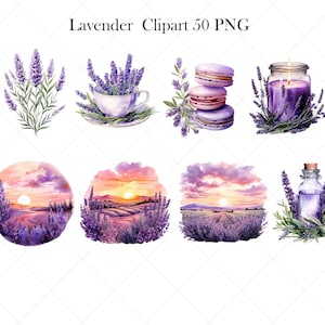 May include: A set of 50 digital clipart images featuring watercolor illustrations of lavender flowers, a candle, macarons, a bottle of essential oil, and a landscape scene with lavender fields. The images are perfect for crafting, scrapbooking, and digital design projects.