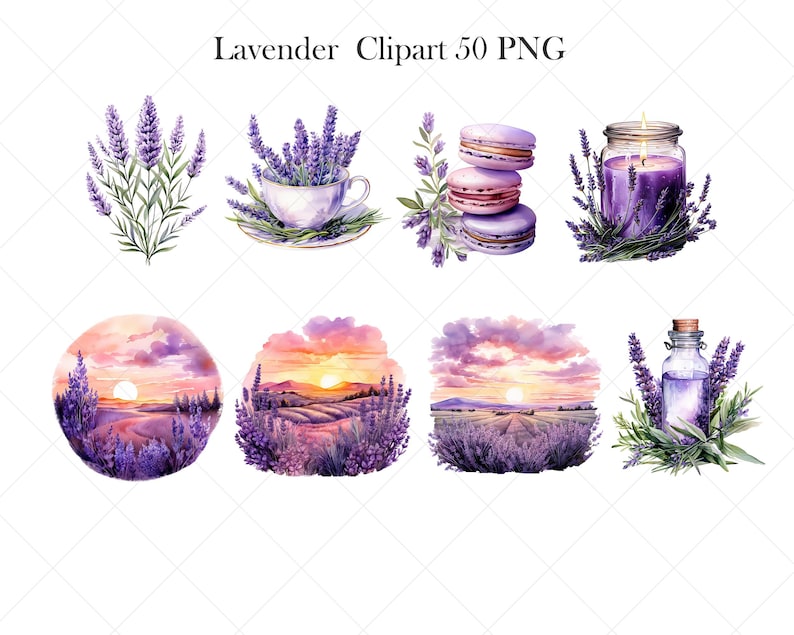 May include: A set of 50 digital clipart images featuring watercolor illustrations of lavender flowers, a candle, macarons, a bottle of essential oil, and a landscape scene with lavender fields. The images are perfect for crafting, scrapbooking, and digital design projects.