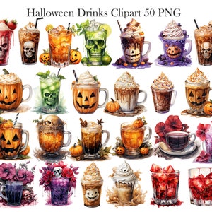 May include: A set of 50 Halloween-themed drink clipart images. The images feature various drinks, including coffee, cocktails, and punch, decorated with spooky and festive elements like skulls, pumpkins, and bats. The images are rendered in a watercolour style, with vibrant colours and intricate details.