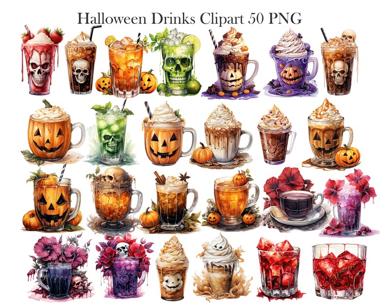 May include: A set of 50 Halloween-themed drink clipart images. The images feature various drinks, including coffee, cocktails, and punch, decorated with spooky and festive elements like skulls, pumpkins, and bats. The images are rendered in a watercolour style, with vibrant colours and intricate details.