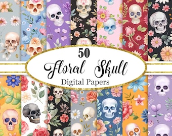 Floral Skull Digital Paper, Halloween Background Bundle, Scrapbook Paper, Digital Download