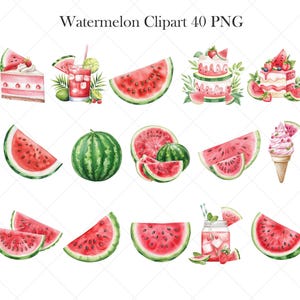 May include: Watercolor illustrations of watermelon slices, a whole watermelon, watermelon cake, and a watermelon smoothie. The images feature red and green watermelons, with a variety of designs, including a watermelon ice cream cone. The text "Watermelon Clipart 40 PNG" is at the top.