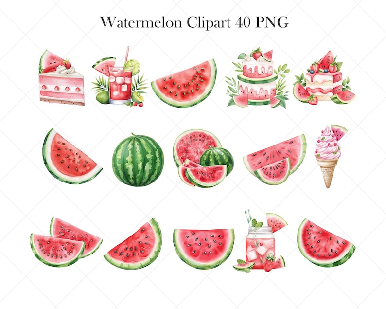 May include: Watercolor illustrations of watermelon slices, a whole watermelon, watermelon cake, and a watermelon smoothie. The images feature red and green watermelons, with a variety of designs, including a watermelon ice cream cone. The text "Watermelon Clipart 40 PNG" is at the top.