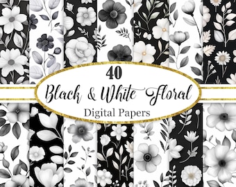 Black White Flower Digital Paper, White Black Floral Background, Scrapbook Paper, Digital Download