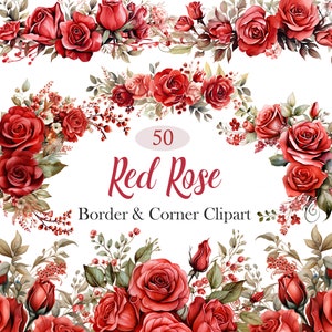 Rode roos PNG, aquarel rode roos rand clipart, rozenhoek, Valentine Rose clipart, bloemenrand, digitale download