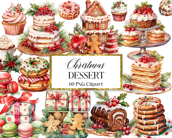 Christmas Dessert PNG Bundle, Watercolor Christmas Sweets Clipart, Cookie, Donut, Cake Clipart, Sublimation