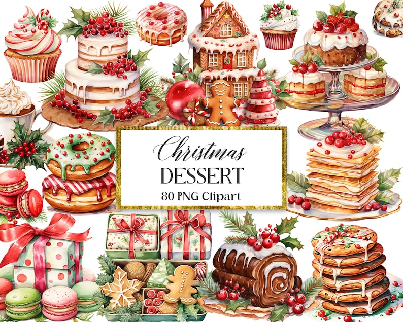May include: A collection of 80 watercolor illustrations of Christmas desserts, including gingerbread houses, cakes, cookies, donuts, and macarons. The illustrations are perfect for creating holiday cards, invitations, and other festive designs.