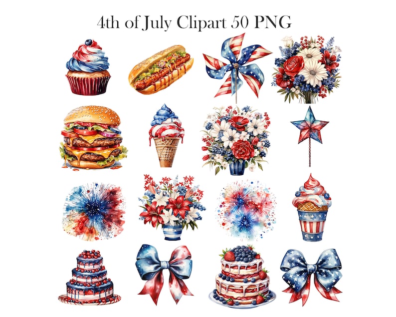 May include: A collection of 4th of July themed clipart images, including a cupcake, hot dog, ice cream cone, hamburger, fireworks, flowers, a star, a bow, and a cake. The images are all in red, white, and blue.