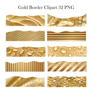 May include: Set of 32 gold border PNG clipart images. The borders feature various textures and patterns, including wavy, striped, and geometric designs.