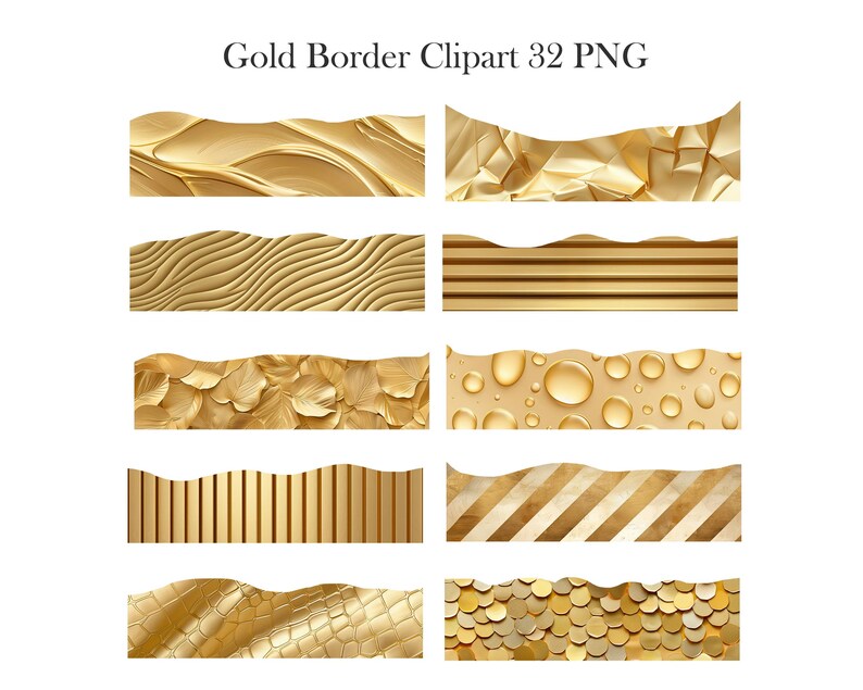 May include: Set of 32 gold border PNG clipart images. The borders feature various textures and patterns, including wavy, striped, and geometric designs.