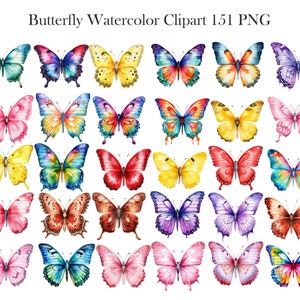May include: A set of 36 watercolor butterfly illustrations in various colors and patterns. The butterflies are arranged in a grid pattern on a white background.